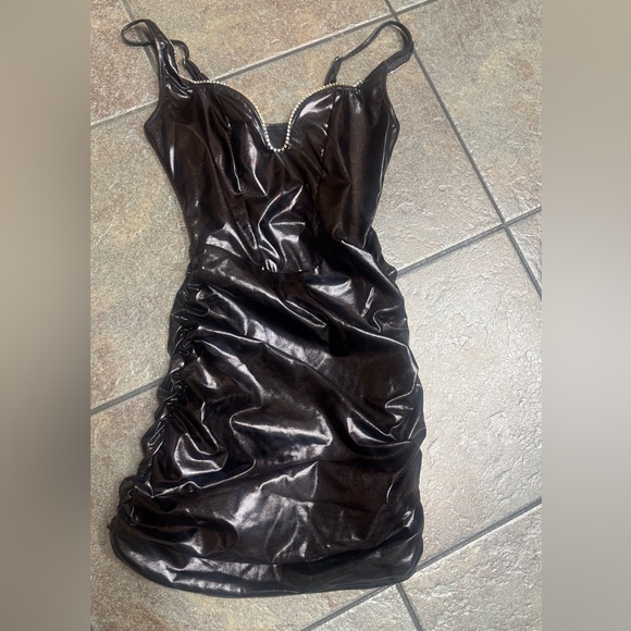 Faux Leather Black Ruched Dress S - Picture 4 of 7